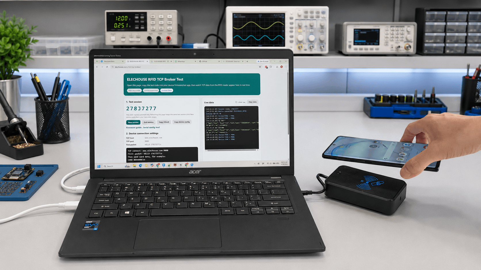 Developer bench testing TCP Broker and NFC phone interaction