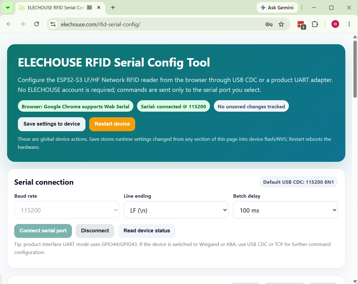 Serial Config page connected to COM3