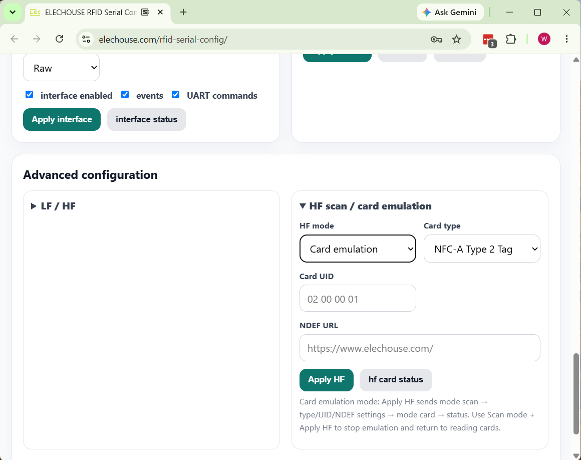 HF card emulation configuration