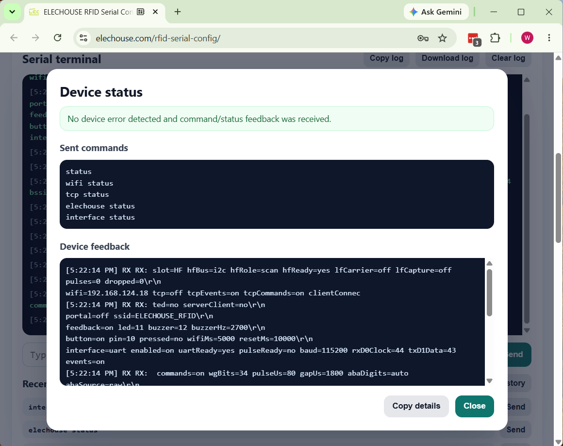 Read device status result dialog