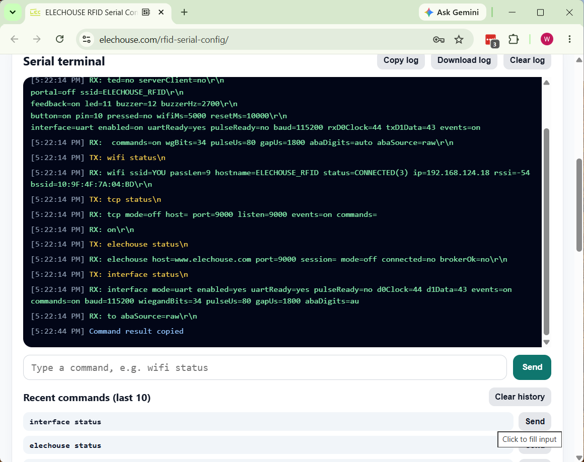 Serial Terminal status log
