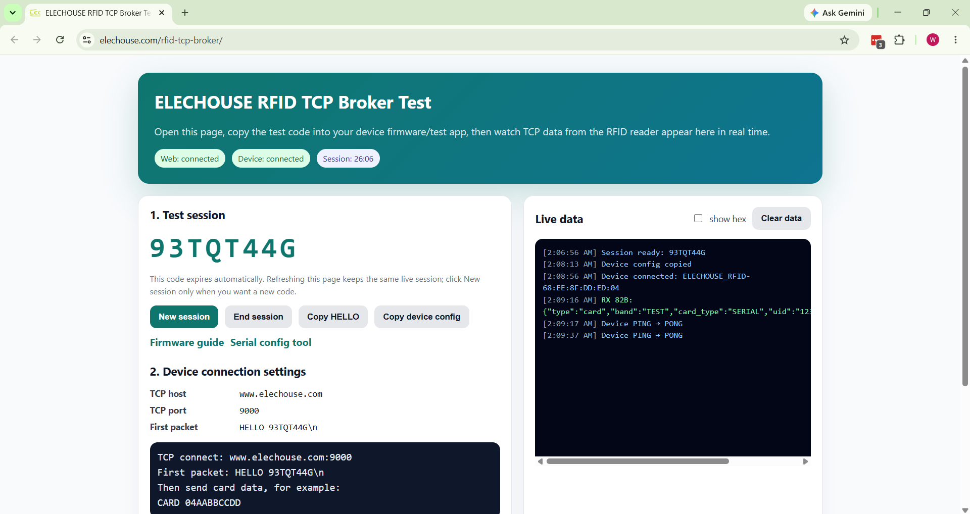 Broker page after device connected