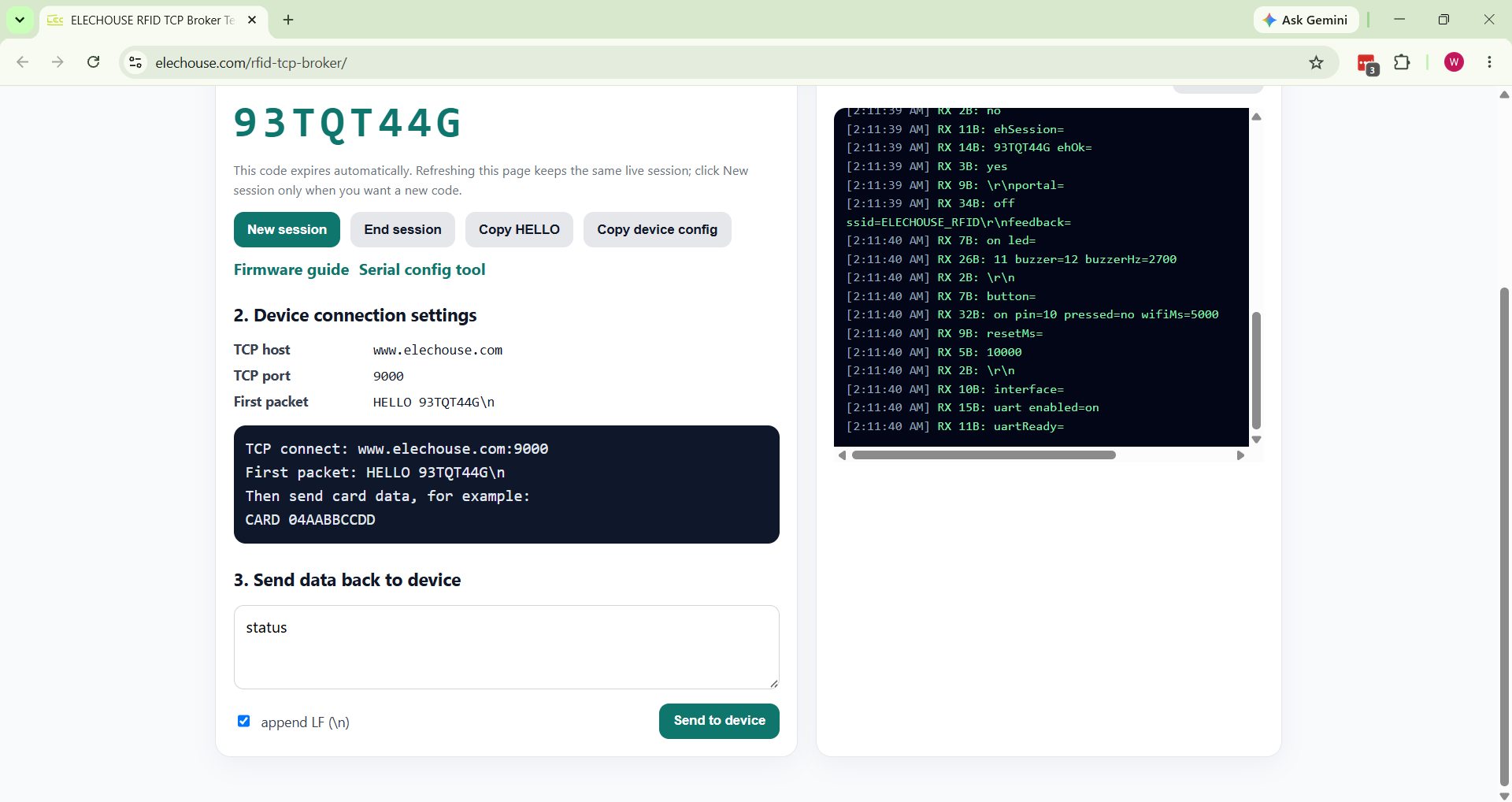 Broker page after sending status command