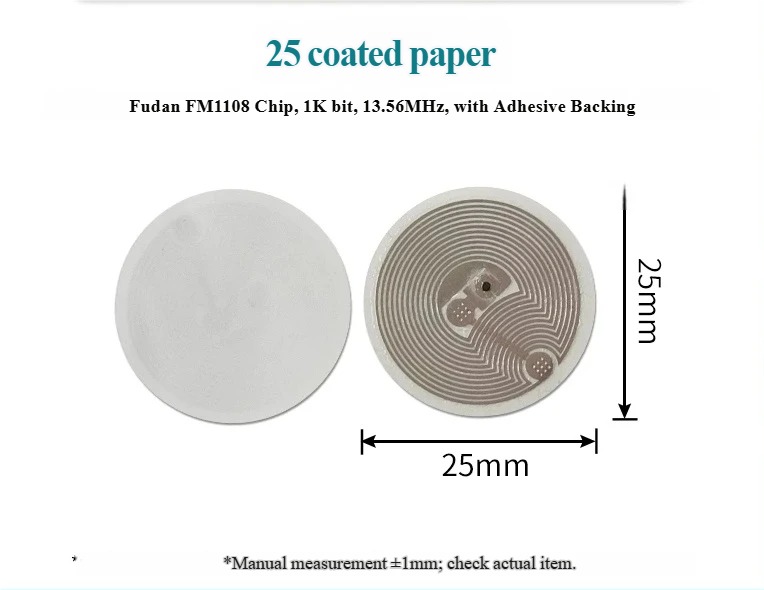 FM1108 F08-01 - Coated Paper Round 25mm RFID tag FM1108 F08-01 - Coated Paper Round 25mm 13.56MHz RFID tag