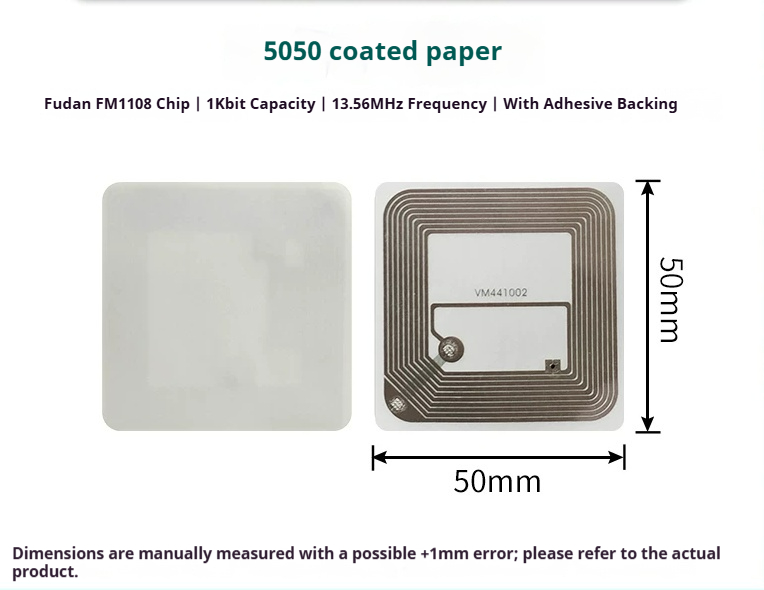 FM1108 F08-07 - Coated Paper Square 50 x 50mm RFID tag FM1108 F08-07 - Coated Paper Square 50 x 50mm 13.56MHz RFID tag