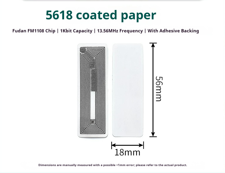 FM1108 F08-09 - Coated Paper Rectangle 56 x 18mm RFID tag FM1108 F08-09 - Coated Paper Rectangle 56 x 18mm 13.56MHz RFID tag